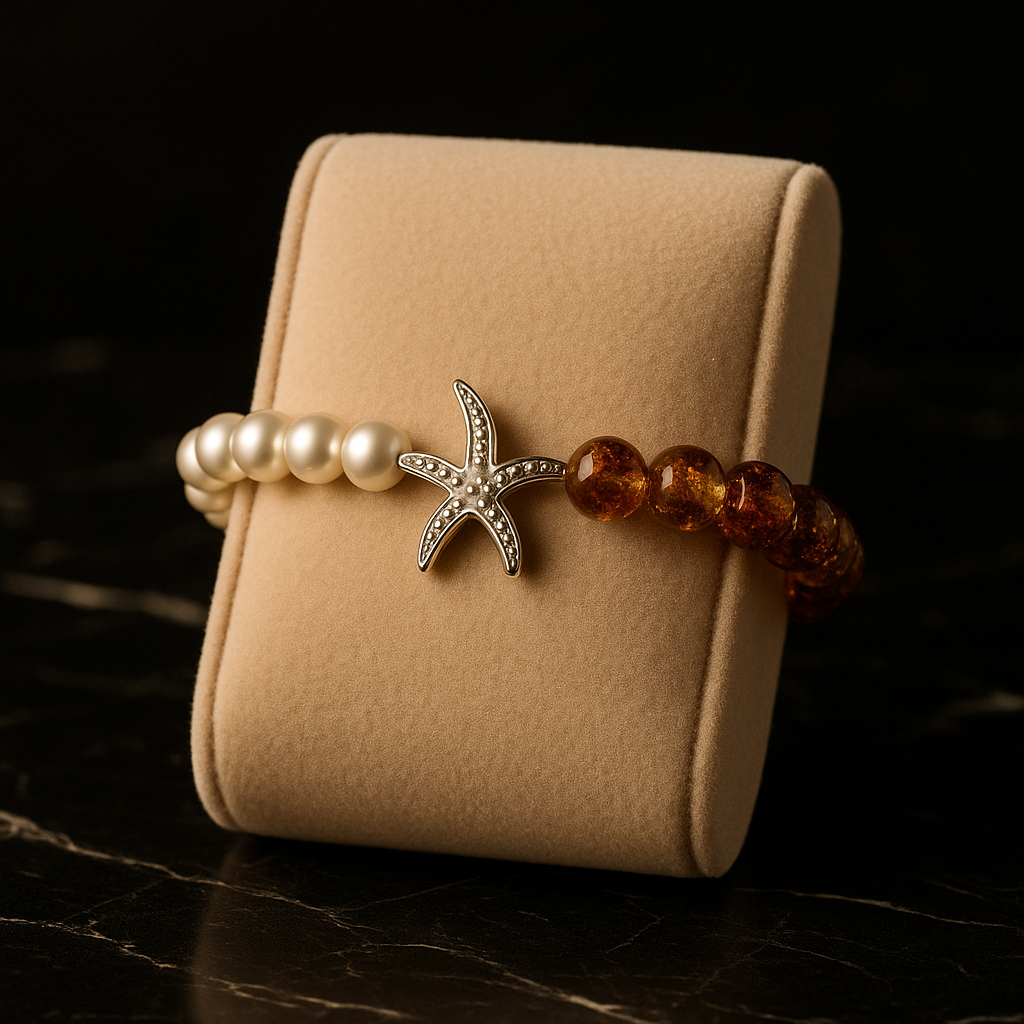 Ocean Bliss Beaded Bracelet – Pearl & Amber Mix with Starfish Charm