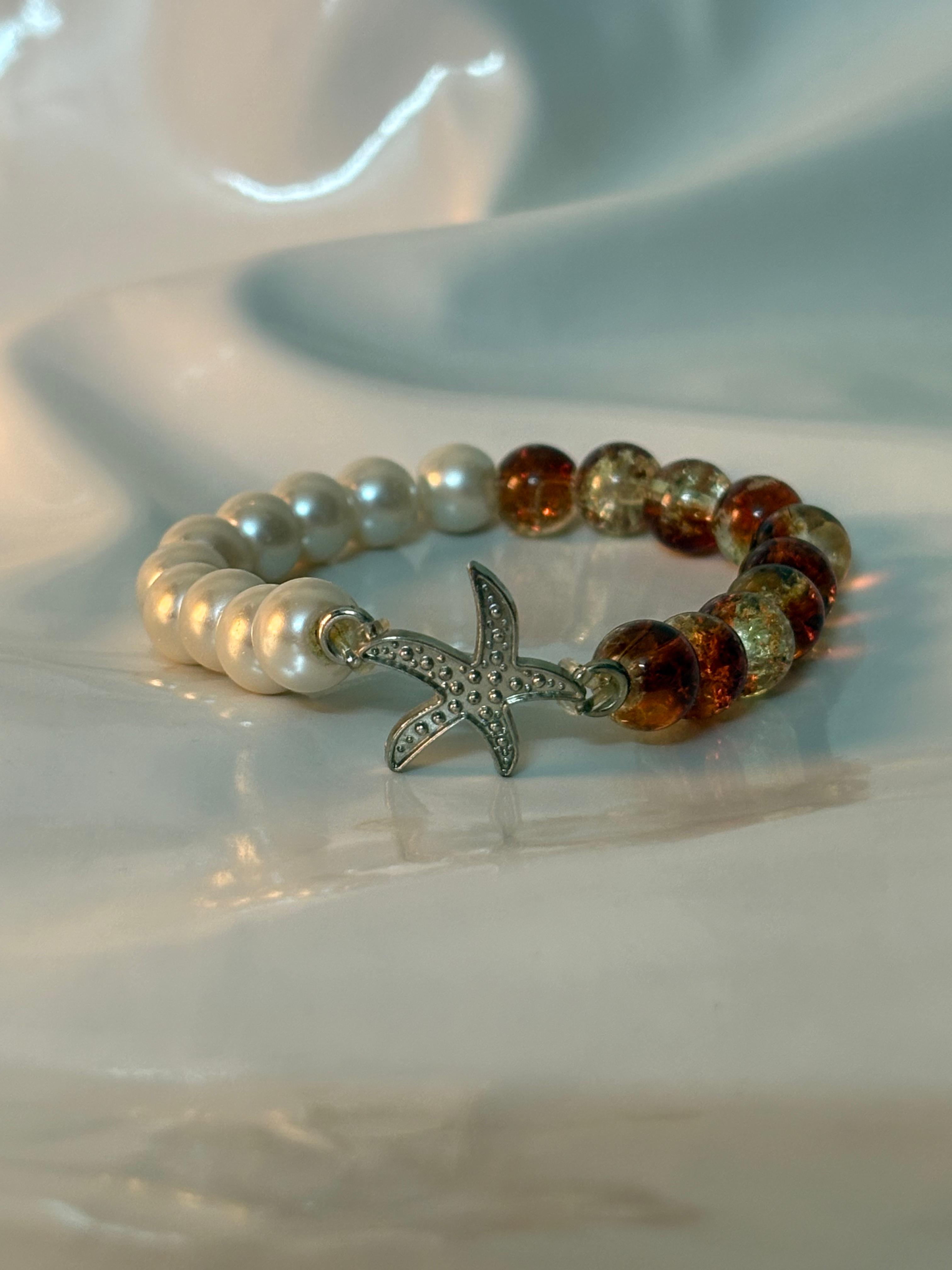 Ocean Bliss Beaded Bracelet – Pearl & Amber Mix with Starfish Charm